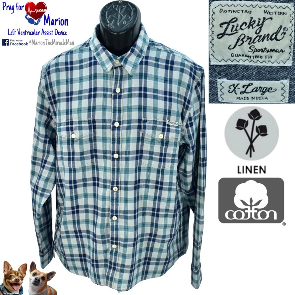 Lucky Brand XL Blue Plaid Long Sleeve 2 Ply Flannel w/ Pockets 7MD4806